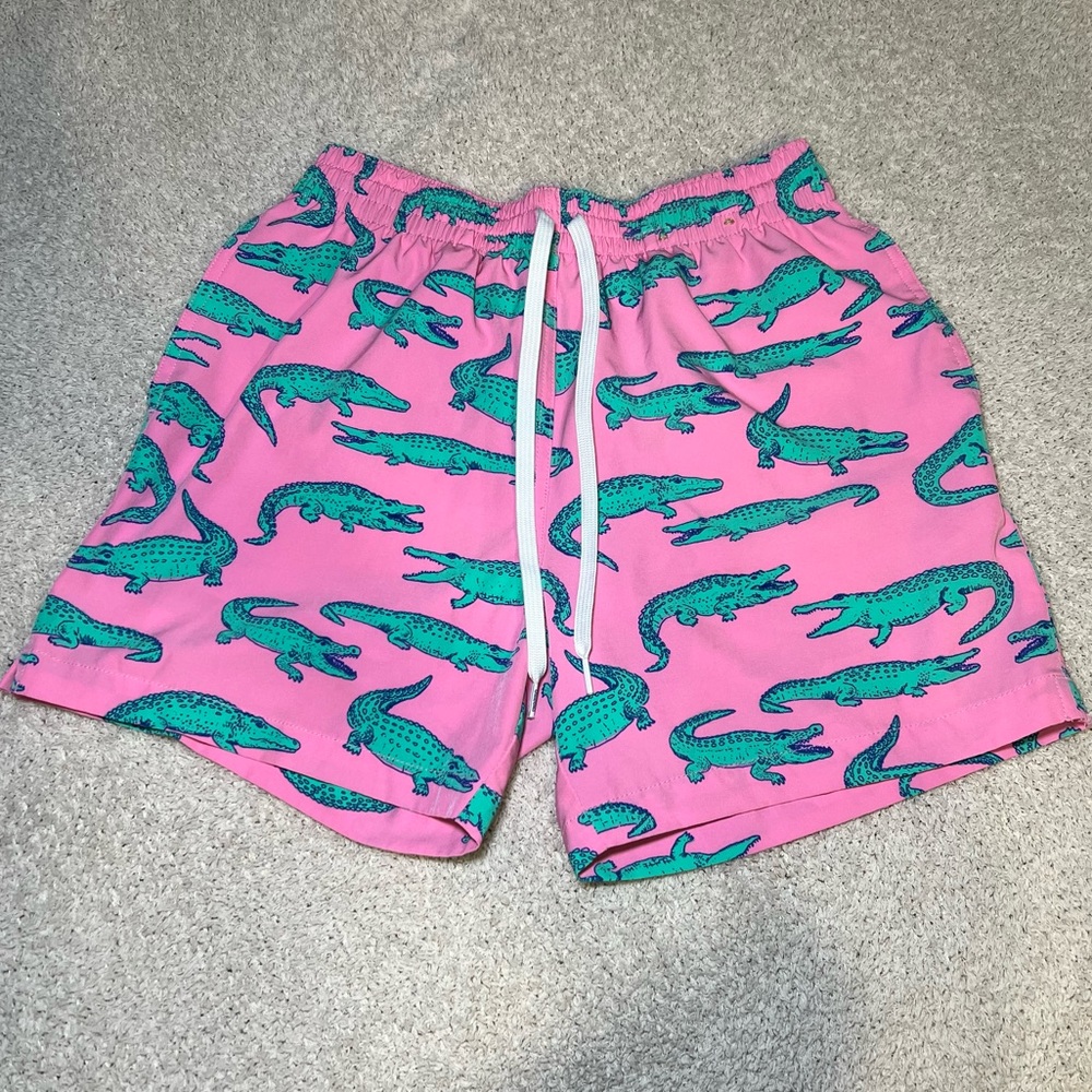 Chubbies Pink Swim Trunks with Green Alligator Design